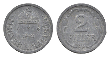 Венгрия 2 филлера 1943 BP KM 519 цинк 4665-518