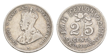 Цейлон 25 центов 1911 Георг V (1910-1936) KM 105 серебро 4655-246