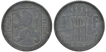 Бельгия 1 франк 1942 Леопольд III, Belgique-Belgie KM 127 цинк 4163-147