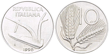 ИТАЛИЯ 10 ЛИР 1998 R, КОЛОСЬЯ, ПЛУГ KM 93 алюминий 4519-457