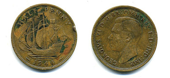 Великобритания 1/2 пенни 1944 Георг VI (1936-1952) KM 844, Spink 4115 бронза 4379-1154