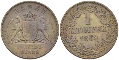 Баден 1 крейцер 1869 Великий Герцог Фридрих I (1856-1907) КМ 242 медь 117-836