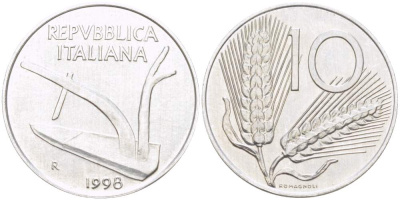 ИТАЛИЯ 10 ЛИР 1998 R, КОЛОСЬЯ, ПЛУГ KM 93 алюминий 4519-457