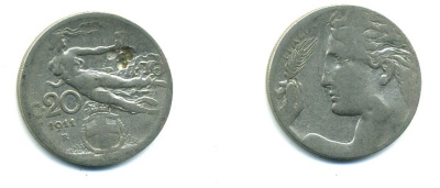 ИТАЛИЯ 20 ЧЕНТЕЗИМО 1911 R, ВИКТОР ИММАНУИЛ KM 44 никель 57-1022