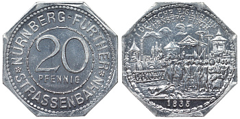 Германия, Нюрнберг - Фюрт 20 пфеннигов ND трамвайный жетон, первая железная дорога алюминий UNC 4119-711