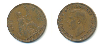 Великобритания 1 пенни 1938 Георг VI (1936-1952) KM 845, Spink 4114 бронза 89-135