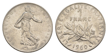 Франция 1 франк 1960 сеятель KM 925.1, Le Franc 226.4 никель 4631-531