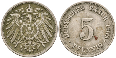Германия 5 пфеннигов 1908 D KM 11, Jager 12, Weege 6 медно-никель 4364-3657