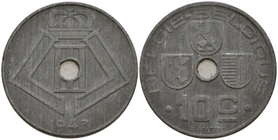 Бельгия 10 сантимов 1943 Belgie - Belgique, Леопольд III (1934-1947), германская оккупация, Вторая мировая война KM 126 цинк 4161-341