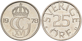 Швеция 25 эре 1978 Карл XVI Густав (1973- ) KM 851 медно-никель UNC 4585-513
