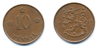 Финляндия 10 пенни 1929 республика (1918-1962) KM 24 медь 46-1643