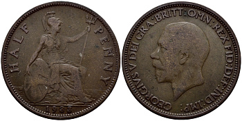 Великобритания 1/2 пенни 1933 Георг V (1910-1936) KM 837, Spink 4058 бронза 259-442