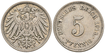 Германия 5 пфеннигов 1913 A, KM 11, J. 12 медно-никель 220-649