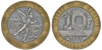 Франция 10 франков 1991 тип гений Бастилии KM 964.1, Le Frank 375.6 биметалл 45-922