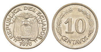 Эквадор 10 сентаво 1976 KM 76d сталь плакированная медно-никелем UNC 4640-1162