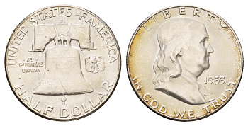 США 1/2 доллара (50 центов) 1953 S, Бенджамин Франклин, колокол KM 199 серебро aUNC 1531-1115