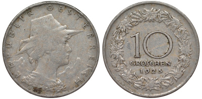 Австрия 10 грошей 1925 KM 2838 медно-никель 4163-314