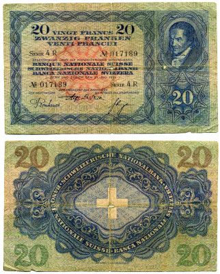 Швейцария 20 франков 1931 Sarasin - Schnyder - Bornhauser, Иоганн Генрих Песталоцци Pick 39 c (2) бумага 451-255-1