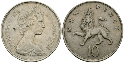 Великобритания 10 пенсов 1975 Елизавета II (1952-2022) KM 912, Spink 4231 (F1) медно-никель 4120-345