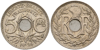 Франция 5 сантимов 1936 KM 875 медно-никель 4596-638