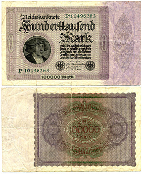 Германия 100000 марок 1923 Георг Гизе, без T под портретом, 8 цифр в номере Pick 83 a, Розенберг 82 а бумага 2192-34-1