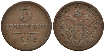 ВЕНЕЦИЯ, ЛОМБАРДИЯ 3 ЧЕНТЕЗИМО 1852 V KM 30.2 медь 560-1651