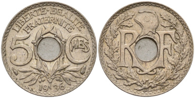 Франция 5 сантимов 1936 KM 875 медно-никель 4596-638