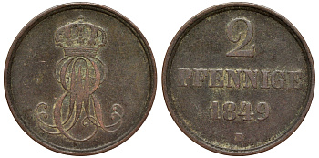 Ганновер 2 пфеннига 1849 B, Эрнст Август (1837-1851) KM 202.1, AKS 124, J. 75 медь 75-1925