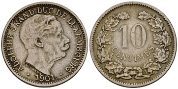 Люксембург 10 сантимов 1901 Адольф (1890-1905) KM 25 медно-никель 4602-454
