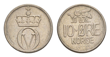 Норвегия 10 эре 1964 Улаф V (1957-1991) KM 411 медно-никель aUNC 4632-1151