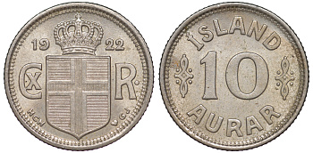 Исландия 10 эйре 1922 HCN GJ, Кристиан X (1912-1944) KM 1.1 медно-никель 4596-852