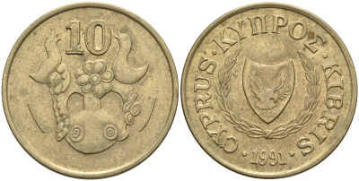 Кипр 10 центов 1991 KM 56.3 никель латунь 4141-1155