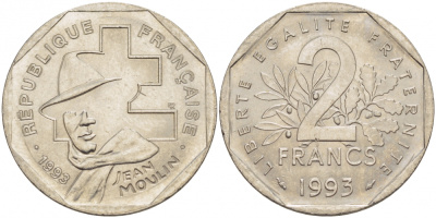 Франция 2 франка 1993 Жан Мулен, 50 лет Национальному движению сопротивления KM 1062, Le Franc 273.2 никель UNC 213-1226