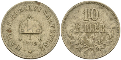 Венгрия 10 филлеров 1915 KB, Франц Иосиф I (1848-1916) KM 494 медь никель цинк 4151-1121