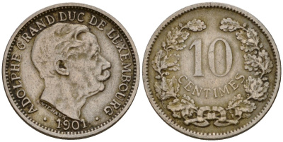 Люксембург 10 сантимов 1901 Адольф (1890-1905) KM 25 медно-никель 4602-454
