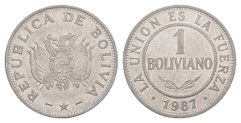 Боливия 1 боливиано 1987 KM 205 нержавеющая сталь 4646-711