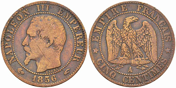 ФРАНЦИЯ 5 САНТИМОВ 1856 A, НАПОЛЕОН III (1852-1870) KM 777.1, LE FRANC 116.30 бронза 108-354