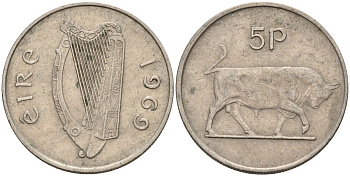 Ирландия 5 пенсов 1969 бык KM 22 медно-никель 4146-522