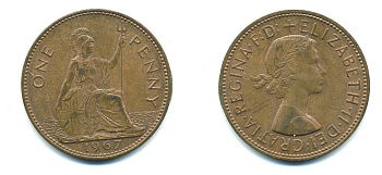 Великобритания 1 пенни 1967 Елизавета II (1952-2022) KM 897, Spink 4157 бронза 4383-741
