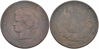 ФРАНЦИЯ 10 САНТИМОВ 1873 K, ТРЕТЬЯ РЕСПУБЛИКА (1871-1940) KM 815.2, LA FRANC 135.11 бронза 4389-1221