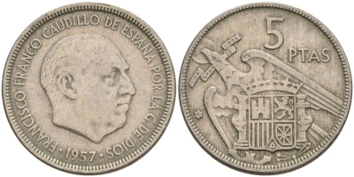 Испания 5 песет 1957 (64) Франсиско Франко (1939 - 1975) KM 786 медно-никель 4155-542