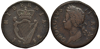 ИРЛАНДИЯ 1/2 ПЕННИ 1752 ГЕОРГ II KM 135 медь 1524-1223