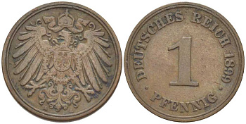 ГЕРМАНИЯ 1 ПФЕННИГ 1899 A KM 10, J. 10, Weege 2 медь 211-235