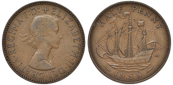 Великобритания 1/2 пенни 1958 Елизавета II (1952-2022) KM 896, Spink 4158 бронза 4128-856