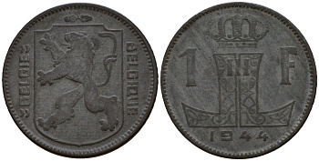 Бельгия 1 франк 1944 Belgie - Belgique KM 128 цинк 67-723