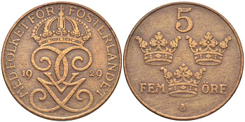 Швеция 5 эре 1929 Густав V (1907-1950) KM 779.2 бронза 115-845