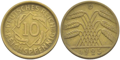 ГЕРМАНИЯ 10 РЕЙХСПФЕННИГОВ 1925 D KM 40, J. 317, Weege 9 алюминиевая бронза 210-344