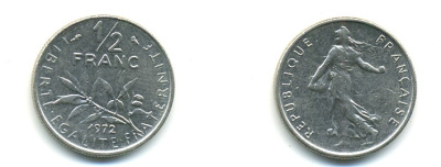 Франция 1/2 франка 1972 сеятель KM 931.1, LE FRANC 198.11 никель 80-911