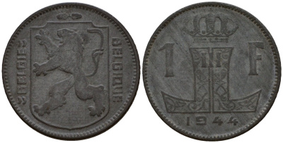 Бельгия 1 франк 1944 Belgie - Belgique KM 128 цинк 67-723
