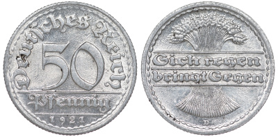 Германия 50 пфеннигов 1921 D KM 27, J. 301 алюминий aUNC 4114-846